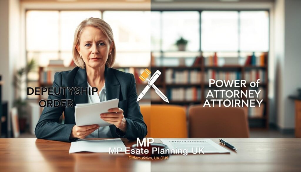 A split scene depicting the distinctions between Deputyship Orders and Power of Attorney in the UK. In the foreground, a confident middle-aged woman in professional business attire sits at a table, reviewing legal documents labeled "Deputyship Order" on one side and "Power of Attorney" on the other. In the middle, a subtle infographic-style visual of a gavel and a pen symbolizes authority and decision-making. The background features a soft-focus office environment with bookshelves and a large window letting in natural light, creating a professional atmosphere. The lighting is warm and inviting, suggesting clarity and trust. Include the brand name "MP Estate Planning UK" subtly integrated into the scene, ensuring no text overlays are present.