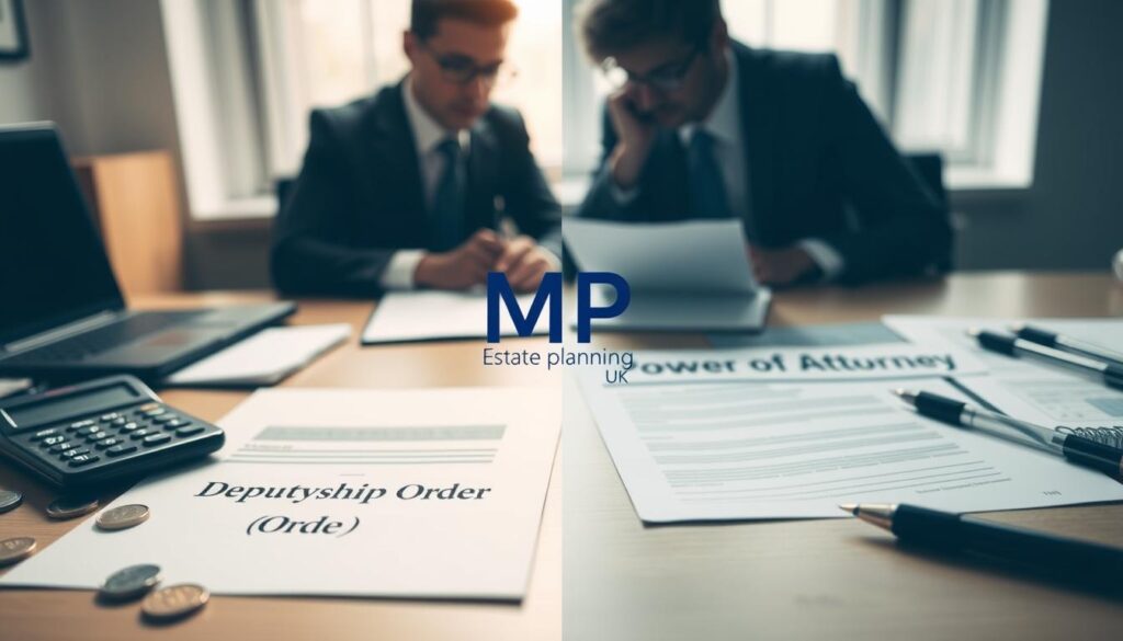 A split-screen image illustrating the cost comparison between a Deputyship Order and a Power of Attorney in the UK. In the foreground, on the left, a neatly organized desk featuring a legal document labeled "Deputyship Order" alongside a calculator, with coins and a notepad nearby. On the right, a similar setup with a document marked "Power of Attorney," pens, and a financial report. The middle ground shows a subtle blend of both setups, emphasizing the concept of comparison. In the background, slightly blurred silhouettes of a professional in business attire analyzing the documents, creating a serious and informative atmosphere. Soft, natural lighting complements the scene, with a balanced focus conveying professionalism and clarity. Include the brand name "MP Estate Planning UK" subtly integrated into the composition.
