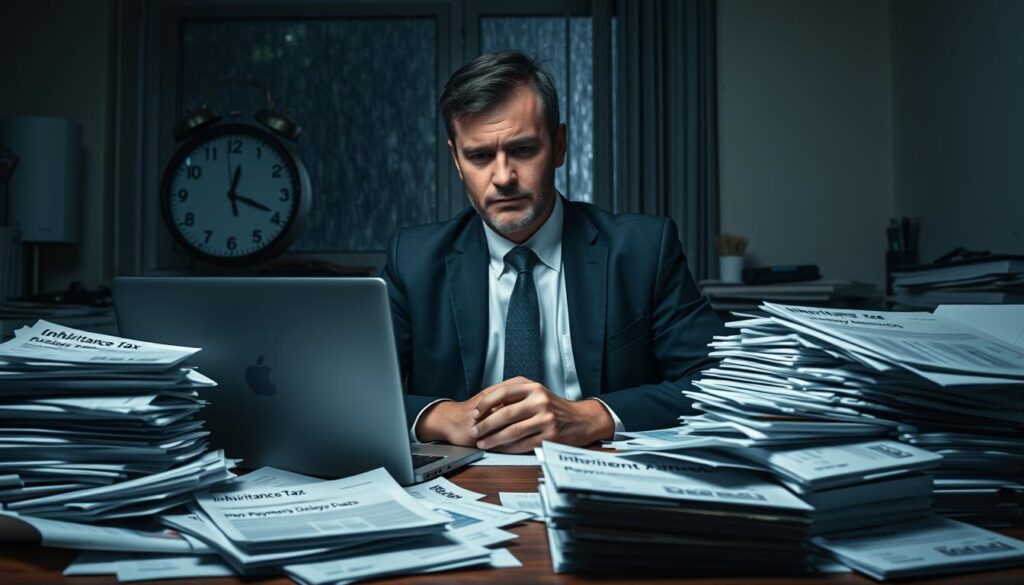 A stressed professional in a business suit sits at a cluttered desk in an office, surrounded by piles of paperwork labeled "Inheritance Tax" and "Payment Delays." The dimly lit room reflects the tension of the situation, with a laptop displaying a notification of delayed payments prominently in the foreground. In the middle ground, a clock on the wall shows the time ticking past the deadline, symbolizing urgency. The background features a window with rain pouring down, enhancing the gloomy atmosphere. Soft, diffuse lighting casts shadows across the scene, conveying a sense of unease. The overall mood illustrates anxiety and concern over inheritance tax complications. Incorporate a subtle reference to "MP Estate Planning UK" on some documents without any text overlay, ensuring a professional tone throughout the image.