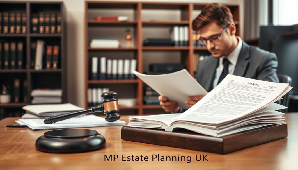A symbolic representation of "FAQs About Caveats and Warnings" in the context of the UK probate system. In the foreground, a sleek wooden desk is adorned with a stack of open legal documents and a gavel, symbolizing the legal implications of caveats. To one side, a professional individual in a tailored suit examines a document with a discerning expression, illustrating the seriousness of the subject. In the middle ground, a dimly lit bookshelf filled with legal reference books and files adds depth and context. The background features a softly lit office environment with gentle sunlight filtering through a window, creating an atmosphere of calm and professionalism. The overall mood is serious yet approachable, reflecting the importance of understanding caveats and warnings. Include the brand name "MP Estate Planning UK" subtly in the scene.