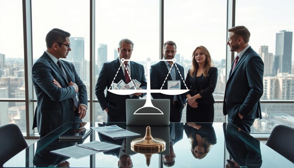 A thought-provoking scene illustrating the concept of remittance basis tax implications in a professional context. In the foreground, a group of three diverse professionals—two men and one woman—dressed in smart business attire, are engaged in a serious discussion around a sleek glass table filled with financial documents and a laptop displaying charts. The middle ground features a prominent, stylized graphic of a balance scale, symbolizing tax fairness and the weight of financial decisions, with subtle hints of UK currency. The background showcases a modern office environment with city skyline views through large windows, bathed in soft natural light, creating a focused and contemplative atmosphere. Ensure to include the brand "MP Estate Planning UK" subtly integrated into the design without text.