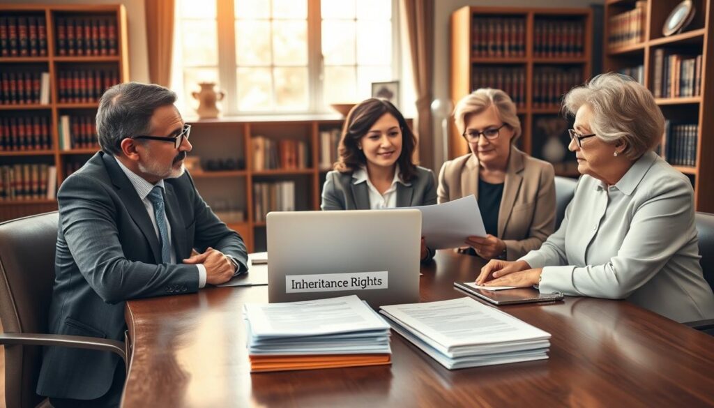 A thoughtful depiction of a family meeting in a modern office setting, emphasizing the theme of inheritance rights for stepchildren in the UK. In the foreground, a diverse group of three individuals, dressed in professional business attire, are seated around a polished wooden table, discussing legal documents. A middle-aged man, a young woman, and an elderly woman engage in a serious yet hopeful conversation, with expressions of determination and understanding. In the middle ground, a stack of papers labeled "Inheritance Rights" is prominently featured, alongside a laptop displaying legal information. The background features a warm, inviting office with bookshelves filled with legal texts and a soft, natural light filtering through a large window, creating a focused yet approachable atmosphere. The overall mood is one of resolution and empowerment. Include a subtle logo of "MP Estate Planning UK" on the table, adding a professional touch.