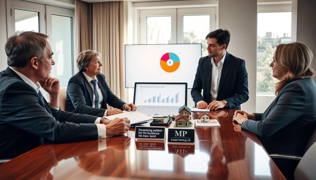 A thoughtful financial advisor discussing UK inheritance tax planning in an elegant, well-lit office. In the foreground, a diverse professional team in business attire (two men and one woman) is engaged around a glossy wooden conference table, reviewing documents and charts related to the Downsizing Addition for the Residence Nil Rate Band. To represent the concept of future implications, visualize a subtle pie chart on a digital screen in the background, alongside a model of a family home, symbolizing downsizing. Soft natural light streams through large windows, creating an inviting atmosphere that conveys trust and professionalism. The branding "MP Estate Planning UK" subtly incorporated on a small sign on the desk enhances the focus on expert guidance in estate planning.