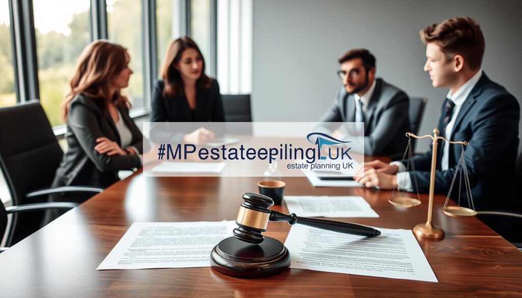 A thoughtful scene depicting "testamentary capacity" in the context of UK law. In the foreground, a diverse group of four professionals, including a middle-aged woman in a sharp business suit and a young man in professional attire, engage in a serious discussion at a modern conference table. The middle ground shows legal documents related to statutory wills spread out, with a gavel and scales of justice subtly included to symbolize the legal aspect. The background features a large window with soft, natural light filtering in, illuminating the room and creating a calm, focused atmosphere. The overall mood is serious yet collaborative, reflecting the importance of considering testamentary capacity. The logo of "MP Estate Planning UK" is subtly integrated into the scene, perhaps on a document or part of the conference setup.