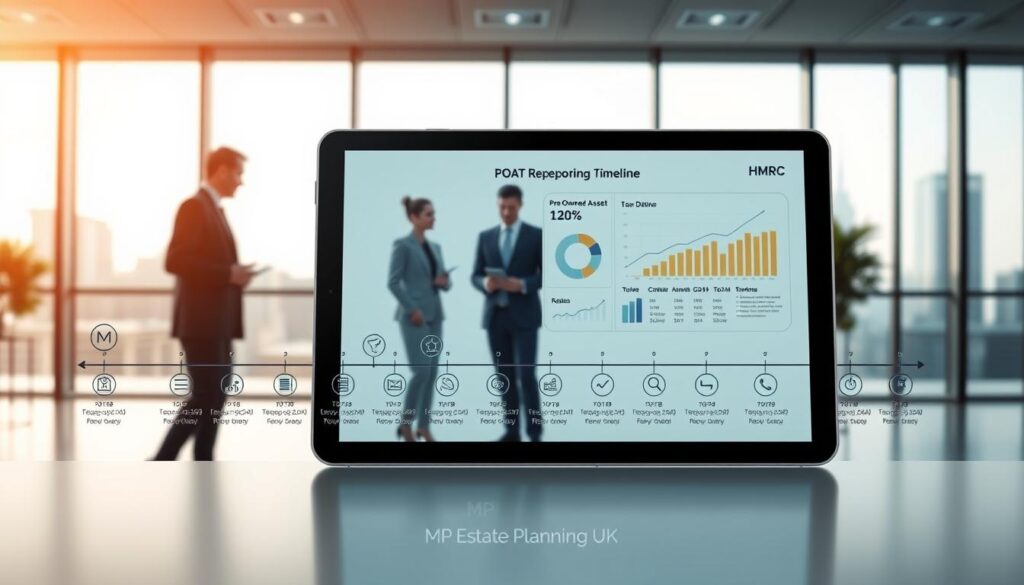 A visual representation of a "POAT reporting timeline" for HMRC, showcasing a sleek, modern design. In the foreground, a detailed illustrated timeline with key tax dates highlighted, featuring icons symbolizing assets, taxes, and reporting. The middle ground includes business professionals in smart attire, discussing over a large digital tablet displaying graphs and charts about Pre-Owned Asset Tax. The background features a softly lit office environment with large windows, casting natural light and hinting at a cityscape outside, establishing a serious yet collaborative atmosphere. The theme should evoke a sense of clarity and professionalism, emphasizing the importance of accurate tax reporting, with the brand name "MP Estate Planning UK" subtly integrated into the design, ensuring no text overlays.