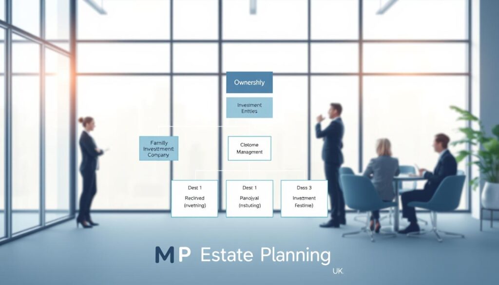 A visually appealing and informative illustration depicting a "Family Investment Company Structure" for an article on family investment companies. In the foreground, a well-designed chart represents the organizational structure, displaying key features such as ownership, management, and investment entities in separate blocks. In the middle ground, include professional figures in business attire discussing the chart, symbolizing collaboration and analysis. The background showcases a modern office environment with large windows allowing soft natural light to illuminate the space, creating an atmosphere of professionalism and clarity. The colors should be balanced and calming, primarily using shades of blue and green to evoke trust and stability. The brand name "MP Estate Planning UK" is prominently integrated into the design, ensuring no text or watermarks detract from the overall aesthetic.