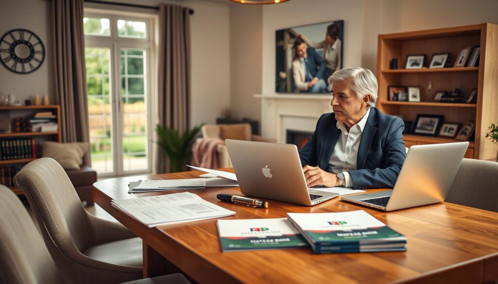 A visually compelling scene illustrating the impact of downsizing on inheritance tax, featuring a professional couple in modest business attire discussing their estate planning while seated at a beautifully laid out dining table filled with documents, a laptop, and estate planning brochures, symbolizing their focus on financial stability. In the background, a cozy, modern living room with subtle, warm lighting highlights a bookshelf filled with legal books and family photos. A window reveals a serene garden outside, creating an atmosphere of thoughtful consideration and future planning. The camera angle captures the couple from a medium distance, ensuring clarity in their expressions of contemplation and optimism. The brand "MP Estate Planning UK" subtly integrated into the scene, perhaps displayed on one of the brochures on the table.
