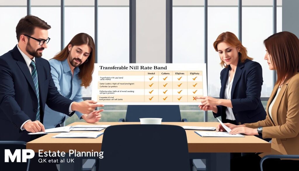 A visually engaging and informative illustration depicting the eligibility criteria for claiming a transferable nil rate band in the UK. In the foreground, a diverse group of four professionals in business attire (two men and two women) are gathered around a conference table, examining documents and pointing at a chart showing eligibility criteria. The middle ground features a large document titled “Transferable Nil Rate Band” with checkmarks next to relevant qualifications. In the background, a modern office setting with large windows allows natural light to illuminate the scene, emphasizing a mood of collaboration and focus. The overall atmosphere is professional and inviting, embodying clarity and expertise in the realm of estate planning. Include a subtle logo of "MP Estate Planning UK" in the corner, ensuring no text disrupts the visuals.