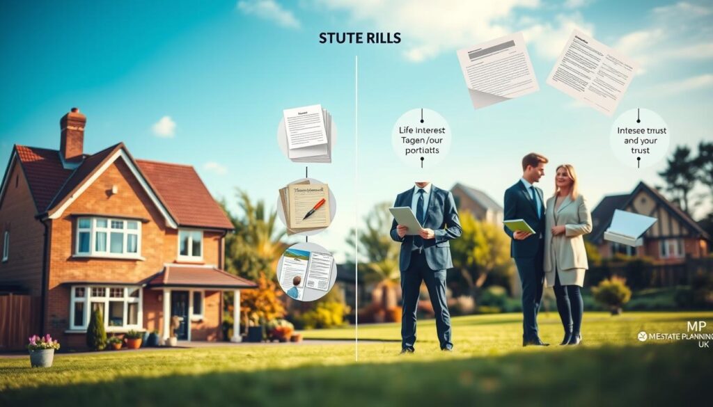 A visually engaging comparison of life interest trusts and other trust types in the context of UK property law. In the foreground, depict a traditional family home representing the life interest trust, with a warm, inviting exterior. Beside it, include contrasting images of diverse trust documents, symbolizing various trust types. In the middle ground, show a professional financial advisor in business attire, discussing the concepts with a couple, illustrating the practical implications of trust law. The background features subtle hints of a garden and a blue sky, creating a serene atmosphere. Use soft, natural lighting to enhance the mood. The image should be clear and informative, without any text or logos except for the distinct brand name "MP Estate Planning UK" subtly placed as part of the design.