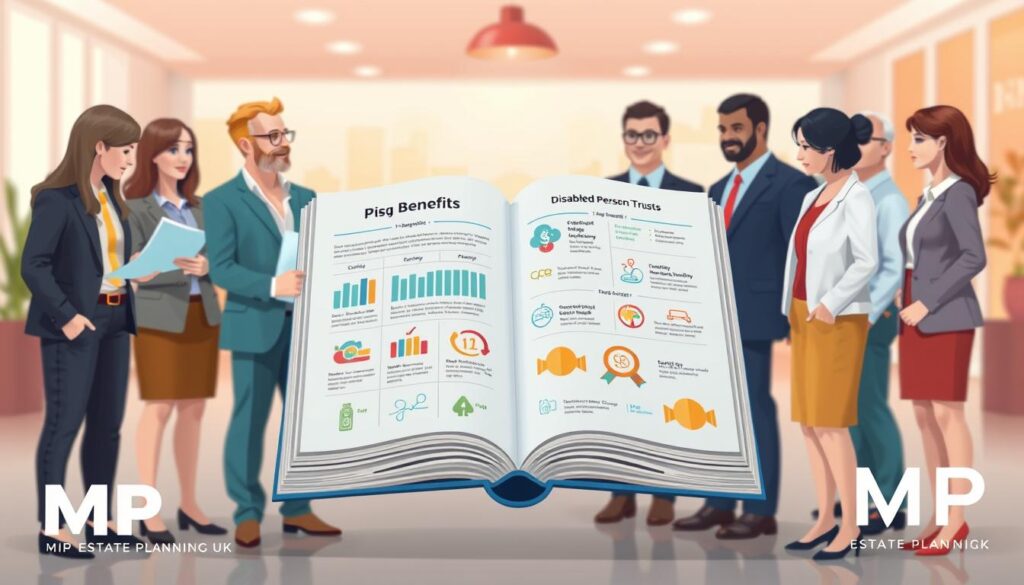 A visually engaging illustration depicting the concept of "Disabled Person’s Trust Benefits." In the foreground, a diverse group of individuals of various ages and backgrounds, all dressed in professional business attire, stand together, discussing financial documents and charts symbolizing security and trust. In the middle ground, a large, open book displays infographics about tax benefits related to disabled person’s trusts, with visual icons representing stability and care. The background features a soft-focus office environment with warm lighting that creates an inviting and hopeful atmosphere. The overall mood conveys a sense of support and empowerment for individuals with disabilities. Prominently include the brand name "MP Estate Planning UK" in the design, ensuring no text is present in the image itself.