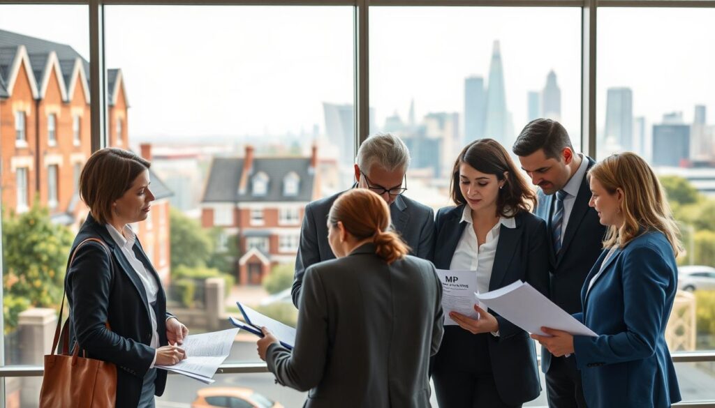 A visually engaging illustration of real-life examples of Chargeable Lifetime Transfers (CLTs) in the UK. In the foreground, depict a diverse group of professionals in business attire engaged in a discussion over documents and financial reports, with the brand logo "MP Estate Planning UK" visible on the materials they are using. In the middle ground, showcase iconic British architecture, such as traditional brick townhouses and modern office buildings, representing wealth transfer and property ownership. In the background, incorporate a soft-focus skyline of a prominent UK city, hinting at financial districts. Use natural daylight to create an inviting atmosphere, with soft shadows to enhance depth. Capture a sense of collaboration and professionalism, conveying the seriousness of estate planning and financial decision-making.