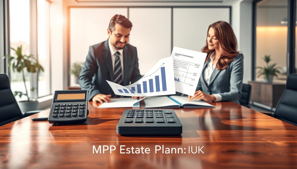 A visually engaging illustration reflecting the concept of "transferable nil rate band savings" in a professional context. In the foreground, depict a diverse group of three professionals in business attire, two men and one woman, discussing financial documents over a polished wooden table. The middle section showcases an elegant calculator, charts, and financial spreadsheets that float slightly above the table, symbolizing the calculation of estate taxes and the benefits of the nil rate band. The background features a sleek office environment with large windows, allowing soft natural light to spill in, creating a warm and inviting atmosphere. Emphasize clarity and order, while ensuring the details subtly convey financial acumen. Include the brand name "MP Estate Planning UK" incorporated stylishly into the office decor.