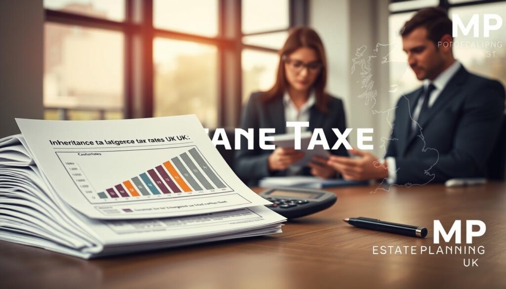 A visually engaging image depicting inheritance tax rates in the UK. Foreground features a neatly arranged stack of legal documents, including tax forms and a graph illustrating inheritance tax brackets, with a sleek calculator beside them. The middle ground shows a professional in business attire, focused, making notes on a notepad, representing individuals navigating the tax landscape. In the background, a modern office environment with subtle lighting enhances the professional atmosphere; large windows let in natural light, casting warm tones across the scene. An abstract representation of the UK map subtly integrates with the background, symbolizing the geographical focus. The overall mood is serious yet optimistic, conveying a sense of empowerment in understanding tax strategies. The brand name “MP Estate Planning UK” is thoughtfully incorporated, ensuring a cohesive presentation without text on the visuals.