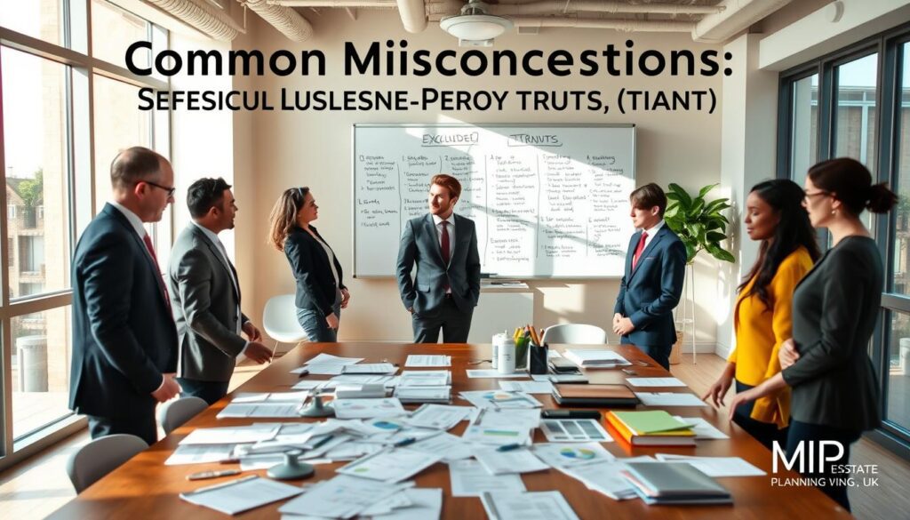 A visually engaging representation of "Common Misconceptions About Excluded Property Trusts" in the UK. The foreground features a group of diverse professionals, dressed in smart business attire, engaging in a serious discussion around a large table scattered with documents and charts related to excluded property trusts. In the middle ground, a stylishly designed office space displays a whiteboard filled with annotated misconceptions and highlight points. In the background, large windows allow natural light to illuminate the room, casting soft shadows and creating a warm, inviting atmosphere. The image captures a mood of collaboration and enlightenment, inviting viewers to reconsider preconceived notions. Add subtle branding elements of "MP Estate Planning UK" in the decor without being overt. Focus on clarity and professionalism, ensuring a strong visual narrative that complements the theme.