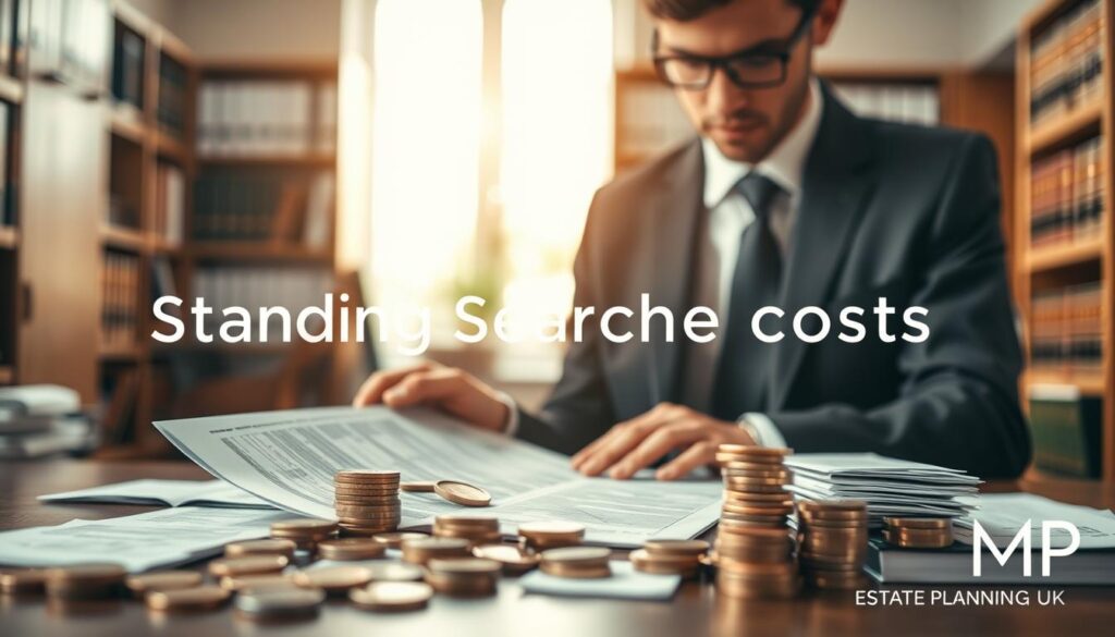 A visually engaging representation of "standing search costs" in the context of locating a will. In the foreground, a professional individual in smart business attire examines a detailed financial document surrounded by coins and small stacks of paperwork symbolizing costs. In the middle, a blurred office environment filled with shelves of legal books and neatly organized files that represent the probate system, creating depth. In the background, soft light filters through a window, casting a warm glow and enhancing the contemplative mood. The overall atmosphere is serious yet hopeful, illustrating the importance of understanding legal costs. The logo "MP Estate Planning UK" is subtly integrated into the scene, ensuring no text is overtly featured.