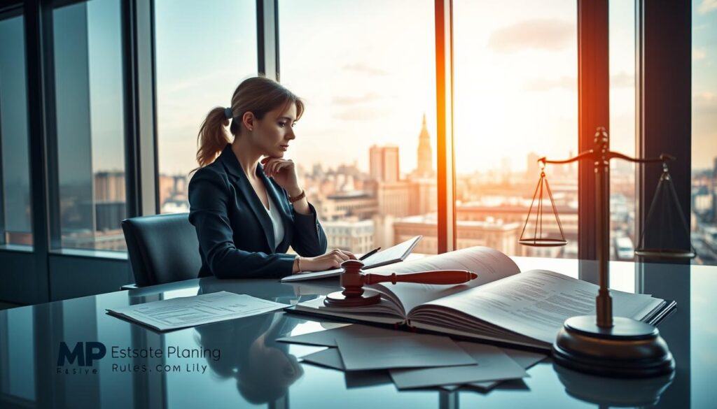 A visually engaging representation of the intestacy rules in the UK, showcasing a balanced composition. In the foreground, a professional individual in business attire (a woman, mid-30s) sits at a sleek desk with legal documents and a pen, deep in thought. The middle ground features an open file with scattered legal papers, a symbolic gavel, and a small scale representing justice. In the background, a large window overlooks a contemporary city skyline, bathed in warm afternoon light, casting soft shadows. The color palette is a mix of muted blues and browns, evoking a serious yet calm atmosphere. The overall mood reflects contemplation and the importance of understanding intestacy law. Include a subtle branding element of "MP Estate Planning UK" neatly placed near the desk.
