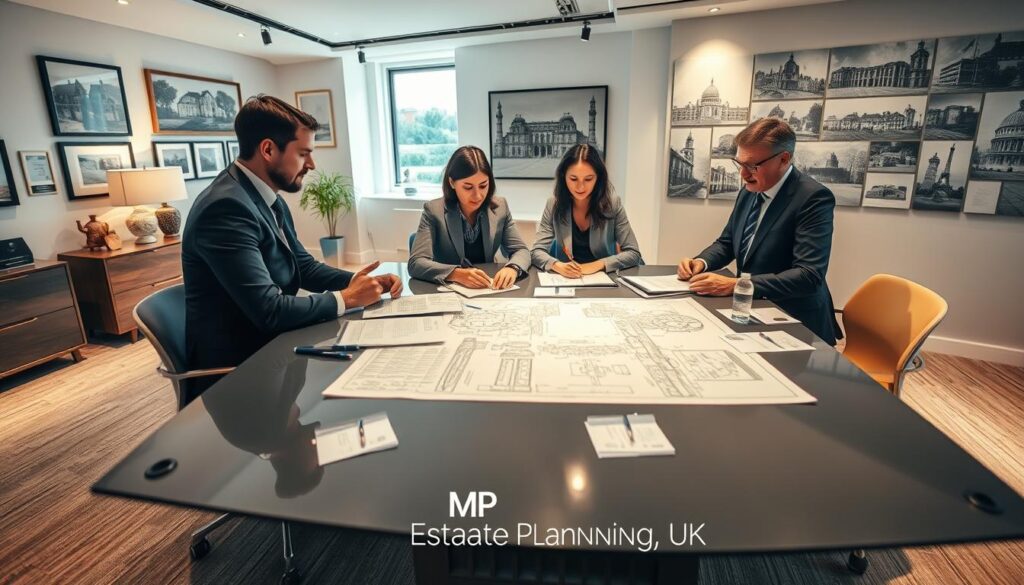 A visually engaging scene depicting the “heritage asset exemption application process” in the context of UK IHT. In the foreground, a diverse group of three professionals in business attire are gathered around a sleek conference table, reviewing documents and discussing strategies. The middle ground features a large, detailed blueprint of a heritage site and various legal papers scattered across the table, symbolizing the application process. The background should showcase an elegant, well-lit office with historical artifacts and a wall display of renowned heritage properties. Soft, warm lighting illuminates the scene, creating a collaborative atmosphere, while a window allows natural light to pour in, conveying a sense of diligence and purpose. The brand name "MP Estate Planning UK" is subtly integrated into the office decor, enhancing the professionalism of the setting.