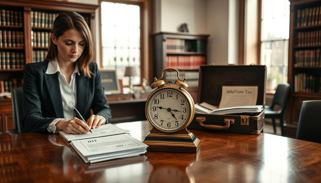 A visually engaging scene depicting the process of inheritance tax in the UK, focusing on the impact on the probate process. In the foreground, a professional businesswoman in smart attire is reviewing legal documents on a polished wooden desk, showcasing forms labeled IHT400 and IHT205. In the middle ground, an antique clock symbolizes time sensitivity in probate, along with a legal briefcase partially open with documents spilling out. The background features a beautifully lit, traditional British office with bookshelves filled with legal texts and a large window showing a hint of the London skyline. The atmosphere is serious yet hopeful, conveying the importance of proper planning. Soft, natural lighting enhances the professionalism and clarity of the scene. Include a subtle representation of the brand "MP Estate Planning UK" in the decor.