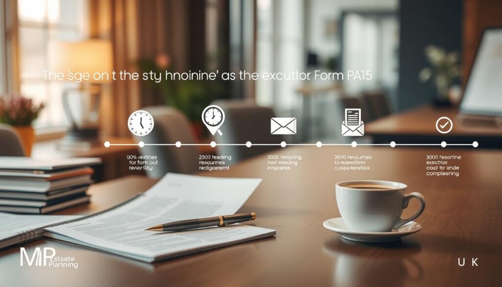 A visually engaging timeline illustrating the process of renouncing as an executor using Form PA15 in the UK. In the foreground, a sleek and professional desk with a neatly organized collection of documents, including a prominently displayed Form PA15, a pen, and a cup of coffee. The middle section features a stylized timeline that flows from left to right, depicting key stages with icons representing each step, such as a clock for timeframes, an envelope for sending the form, and a checkmark for completion. The background is a softly blurred office environment with warm lighting, giving a sense of professionalism and calm. The atmosphere is informative yet approachable, capturing the essence of estate planning. Include the brand name "MP Estate Planning UK" subtly integrated into the design elements.