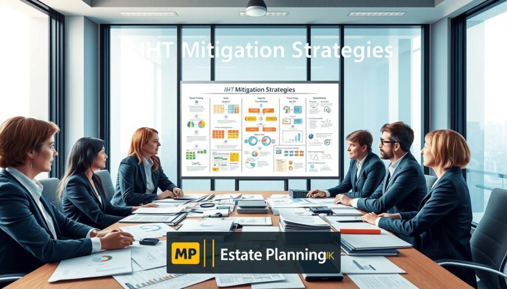 A visually striking and informative illustration of "IHT Mitigation Strategies" focused on a professional setting. In the foreground, a diverse group of four professionals in smart business attire engage in a discussion around a large table cluttered with financial documents, charts, and visual aids related to inheritance tax. In the middle, a large whiteboard displays various IHT mitigation strategies, represented through colorful diagrams and flowcharts. The background reveals a modern office environment with large windows letting in soft, natural light that creates a bright and optimistic atmosphere. The image captures a sense of collaborative teamwork and strategic planning. The brand name "MP Estate Planning UK" is subtly integrated into the design as part of the professional environment without being textual. The angle is slightly above eye level, providing a clear view of the interactions and materials presented.
