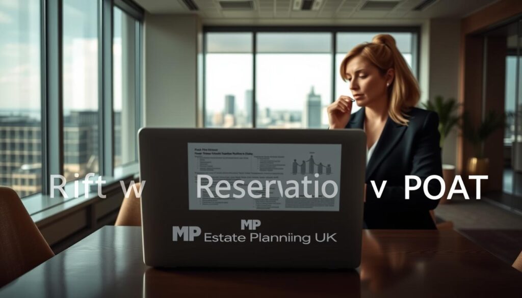 A visually striking image comparing "Gift with Reservation" and "POAT" in the UK, focusing on an elegant office setting. In the foreground, a professional British male and female are engaged in a thoughtful discussion, both dressed in smart business attire. The middle ground features an open laptop displaying charts and legal documents related to estate planning. In the background, a large window reveals a cityscape, suggesting a bustling urban environment. Soft, natural lighting floods the scene, casting subtle shadows and enhancing the professional atmosphere. The mood is serious yet collaborative, reflecting the complexity of estate planning concepts. The brand name "MP Estate Planning UK" is subtly incorporated into the design of the documents on the laptop screen, without any text visible in the image.