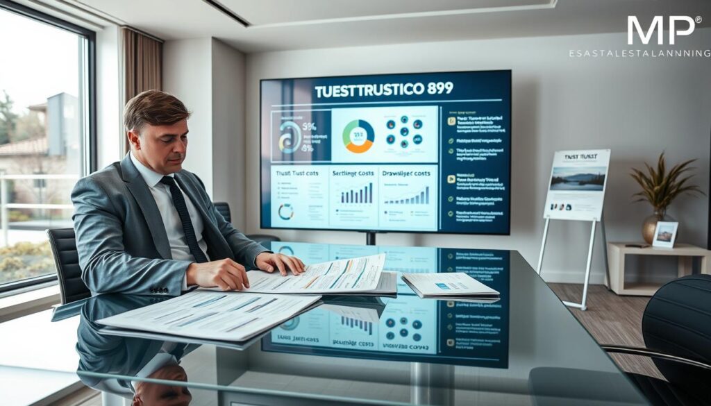 A visually striking image illustrating the concept of "Section 89 Trust costs". In the foreground, a professional consultant in business attire is seated at a sleek glass desk, reviewing documents with charts and graphs detailing trust costs. In the middle, a large digital screen displays infographics related to Section 89 Trusts, with emphasis on tax implications and drawbacks. The background features a modern office environment with neutral tones, large windows allowing soft, natural light to fill the space, creating an inviting and focused atmosphere. The image conveys a sense of professionalism and clarity, capturing the nuances of trust management. Subtly emphasize the brand "MP Estate Planning UK" in the background elements like brochures or posters without direct text, reinforcing the theme of trust planning without overtly stating it.