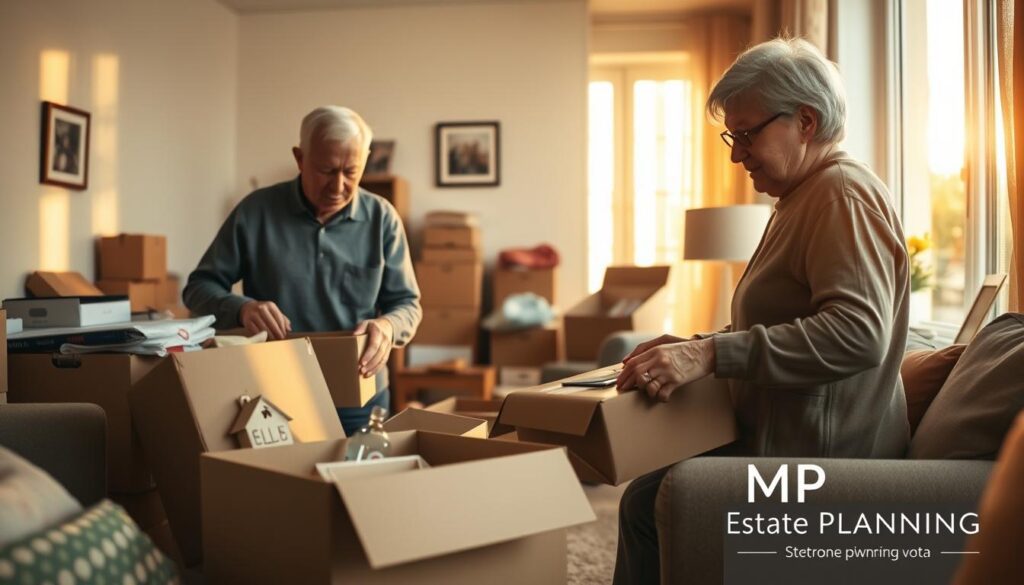 A warm, inviting scene of senior citizens engaged in the process of downsizing their home. In the foreground, an elderly couple, dressed in modest casual clothing, sorts through boxes filled with cherished items, displaying emotions of nostalgia and reflection. The middle layer features a modest living room filled with light, showcasing a mix of packed boxes and a small, clean space indicating a transition. In the background, a large window allows soft, golden afternoon light to pour in, creating a comforting atmosphere. Gentle shadows play across the walls, enhancing the cozy feel. Subtle elements suggesting home ownership, like a small "For Sale" sign or a framed photo of a family, evoke the theme of change. At the bottom right corner, the brand name "MP Estate Planning UK" subtly integrated, emphasizing professional guidance in this personal journey.