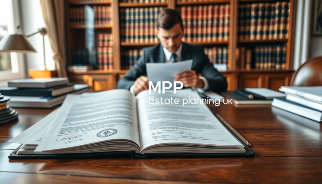 A well-organized desk setup featuring an elegant wooden surface, with an extensive array of international probate grant documentation carefully laid out. In the foreground, an open folder displaying official-looking papers with intricate seals and signatures, symbolizing legal authority. The middle ground captures a professional-looking individual in business attire, intently reviewing the documents, depicting a sense of diligence and focus. The background features a softly blurred bookshelf filled with law books and legal references, enhancing the scholarly atmosphere. Natural light streams in from a nearby window, creating a warm and inviting ambiance. A subtle branding element, "MP Estate Planning UK", is incorporated in an unobtrusive manner on one of the documents, showcasing professionalism without overpowering the image.