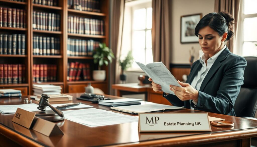 A well-organized office scene depicting the process of issuing a warning at a probate registry. In the foreground, a focused professional woman in business attire examines a legal document, her expression serious yet determined. In the middle ground, a wooden desk is scattered with papers, a gavel, and an ink pot, symbolizing the legal context. In the background, shelves filled with legal books and a soft, warm light filtering through a window create an inviting atmosphere. The room conveys a sense of diligence and responsibility, reflecting the seriousness of the probate process. The image subtly integrates the brand name "MP Estate Planning UK" on a nameplate on the desk. The overall tone is professional and informative, encouraging an understanding of the probate warning process.
