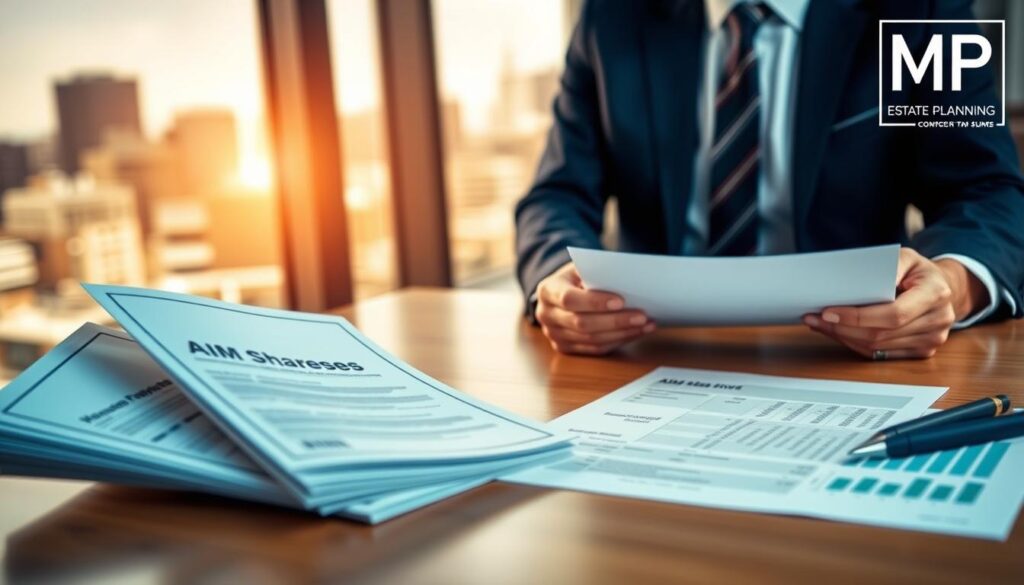 AIM shares represented as modern stock certificates, elegantly displayed on a sleek wooden desk alongside a financial report. In the foreground, a confident business professional in a tailored suit studies the documents, symbolizing the connection between investment and Business Property Relief. The middle ground features a soft-focus window with natural light streaming in, illuminating the scene and creating a professional atmosphere. In the background, a blurred city skyline conveys ambition and growth, enhancing the context of financial opportunity. The overall mood is optimistic and focused, celebrating the benefits of AIM shares in inheritance tax planning. In the corner, subtly integrated into the composition, the brand name "MP Estate Planning UK" is present but without any text or overt branding elements.