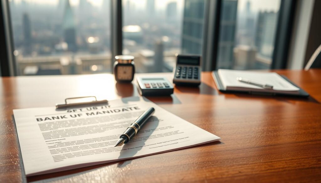 An elegant and professional bank mandate document lies prominently in the foreground on a polished wooden desk. The document features clean lines and formal formatting, with a subtle watermark in the background suggesting authenticity. In the middle ground, a pair of neat, well-organized office accessories, such as a fountain pen and a small, sophisticated calculator, hint at a business-like atmosphere. The background reveals a softly lit, modern office space with a large window overlooking a serene cityscape bathed in gentle daylight, evoking a mood of stability and trust. A subtle branding of "MP Estate Planning UK" is discreetly included on the document. The overall composition emphasizes clarity and professionalism, making it perfect for an article segment about accessing bank accounts after death.