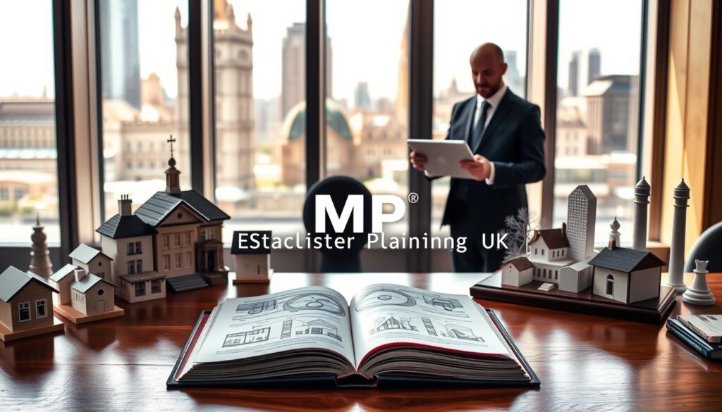 An elegant, detailed illustration of Excluded Property Trusts structures in the UK, showcasing an intricate arrangement of property icons like houses, legal documents, and financial graphs. In the foreground, a polished wooden table with a classic, open legal book displaying schematics of property trusts. In the middle ground, an estate agent in professional attire discusses with a client, using a laptop showing digital property designs. The background features a city skyline with iconic UK architecture, bathed in warm, natural sunlight filtering through large windows, creating a bright and inviting atmosphere. This image should convey a sense of trust and professionalism, highlighting the power of Excluded Property Trusts. Include the brand name "MP Estate Planning UK" subtly integrated into the scene, ensuring no text in the image distracts from the visual focus.