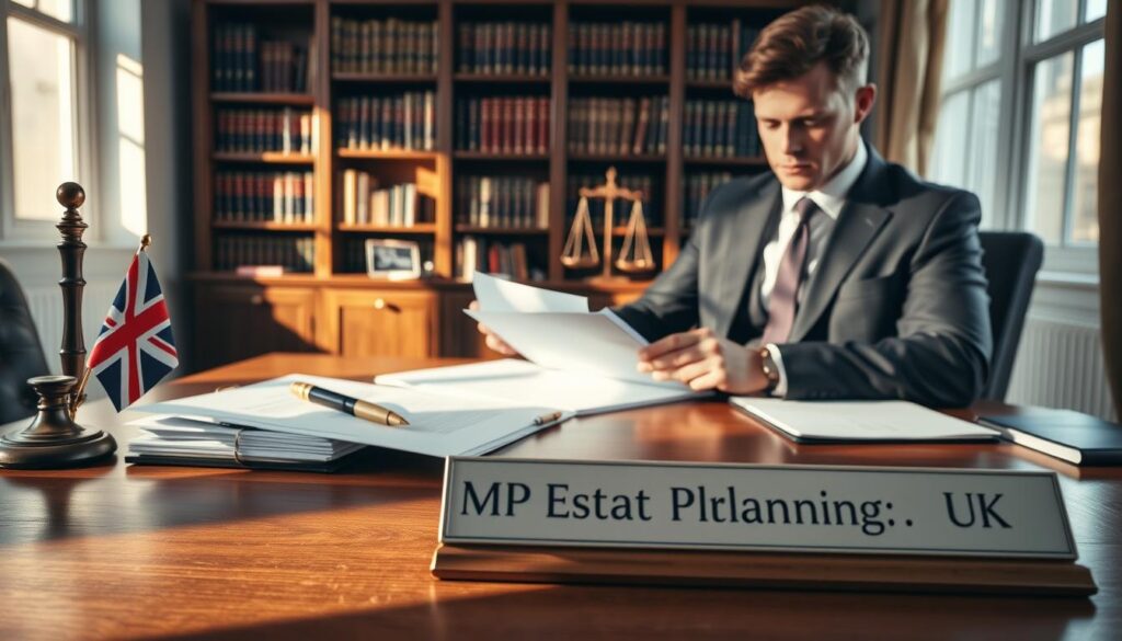 An elegant office setting depicting the legal framework governing replacement attorneys in the UK. In the foreground, a neatly arranged wooden desk showcases legal documents, a fountain pen, and a small UK flag. A legal professional in a tailored suit, with a focused expression, is reviewing the paperwork, symbolizing authority and responsibility. The middle ground features a bookshelf filled with law books and a scale of justice, suggesting the weight of legal decisions. In the background, a large window allows soft, natural light to illuminate the scene, casting gentle shadows that create a serious yet inviting atmosphere. The mood conveys professionalism and trust. Prominently displayed is the brand name "MP Estate Planning UK" on a tasteful desk nameplate.