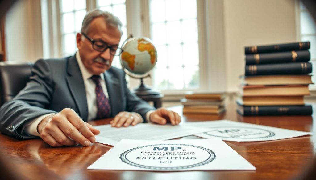 An elegant office setting featuring a wooden desk with legal documents spread out, showcasing a prominent seal marked "MP Estate Planning UK." In the foreground, a professional-looking older man, dressed in a crisp business suit, is carefully examining the paperwork, emphasizing concentration and diligence. In the middle ground, a vintage globe and a stack of law books add depth to the environment, symbolizing the international aspect of the probate process. The background features soft, natural light filtering through large windows, creating a warm, inviting atmosphere suitable for serious legal discussions. A slight blur on the edges emphasizes focus on the executor appointment documents, highlighting their significance in the resealing process. The overall mood is professional and authoritative.