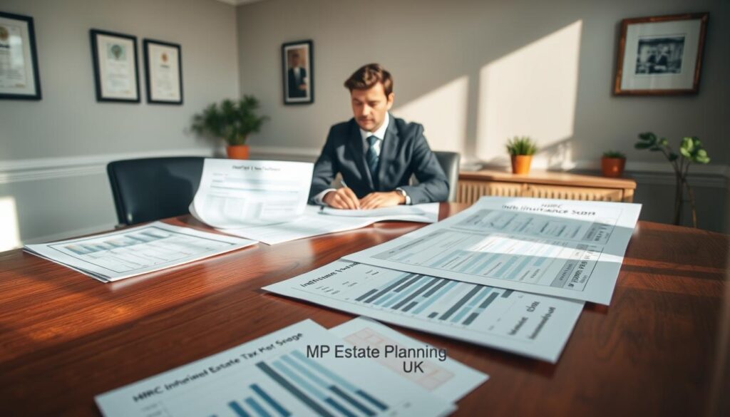 An elegant office setting for financial planning, showcasing a professional business consultant analyzing a detailed estate plan. In the foreground, a polished wooden desk lined with essential documents, including charts and graphs illustrating the HMRC Inheritance Tax Scheme. The middle ground features the consultant, a person dressed in smart business attire, deeply engaged in discussion with a client, who appears contemplative and focused. The background consists of a large window with soft natural light filtering in, casting gentle shadows across the room. Subtle decorations hint at professionalism, with framed certificates on the wall and a small potted plant for a touch of warmth. The atmosphere is serious yet approachable, emphasizing the importance of understanding the impact of the scheme on estates. Include the brand name "MP Estate Planning UK" elegantly displayed on the desk.