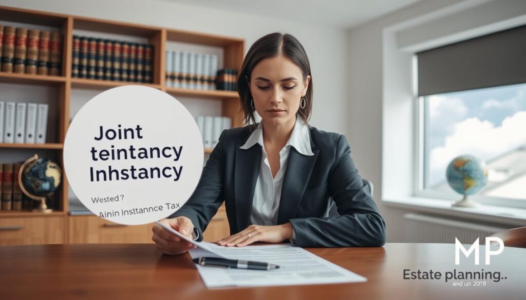 An engaging image illustrating the concept of "severing joint tenancy for inheritance tax in the UK." In the foreground, a professional businesswoman in a tailored suit sits at a sleek wooden table, examining legal documents with a serious expression. The middle layer features a subtle focus on the documents, highlighting terms like "Joint Tenancy" and "Inheritance Tax," with a stylized pen resting beside them. The background displays a softly lit office environment with shelves of legal books, a globe, and a window showing a cloudy sky, symbolizing the complexities of estate planning. Capture a neutral, professional atmosphere, using soft lighting to enhance the seriousness of the subject. Incorporate a subtle logo in the corner with "MP Estate Planning UK," ensuring no text or overlays detract from the central scene.