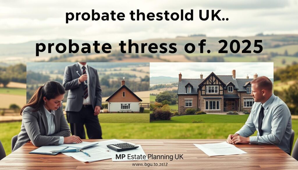 An informative scene illustrating the concept of "probate threshold UK" for 2025, showcasing the contrast between small and large estates. In the foreground, a professional, diverse group of individuals in business attire is engaged in a discussion around a table covered with legal documents and a calculator, symbolizing estate planning. In the middle ground, a split visual displays two homes: one modest and cozy representing a small estate, and a large, grand house symbolizing a large estate. The background features a serene British countryside landscape with rolling hills under a soft, overcast sky, evoking a calm and thoughtful mood. The lighting is soft and diffused, capturing the warm tones of the setting. Include the brand name "MP Estate Planning UK" subtly integrated into the scene without text.