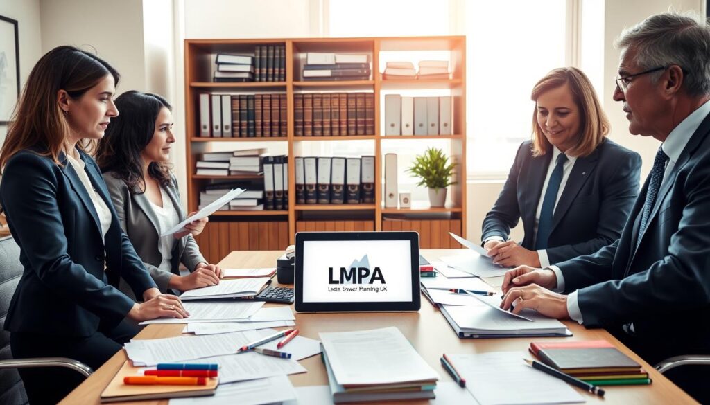 An organized and professional setting illustrating the LPA registration process. In the foreground, a diverse group of three professionals (two women and one man) in business attire are engaged in discussion around a table cluttered with paperwork, pens, and a laptop displaying the MP Estate Planning UK logo. In the middle ground, a neatly arranged bookshelf filled with legal books and documents, suggesting a law office environment. The background features a large window with soft, natural light streaming in, creating a warm, inviting atmosphere. The overall mood is collaborative and informative, reflecting the seriousness of setting up a Lasting Power of Attorney, while still being approachable for readers. The focus is on clarity and professionalism, with a composition that invites engagement.