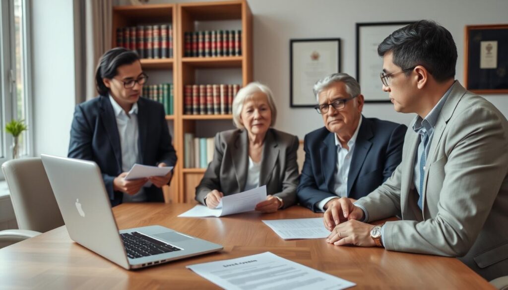 In a professional office setting, depict a deputyship application process. In the foreground, a diverse group of three people in business attire—two adults and one elderly individual—are engaged in discussion, with documents and forms on the table. The middle ground should feature a sleek wooden desk with a laptop displaying official documents. In the background, a bookshelf filled with legal books and a framed certificate on the wall, adding a sense of authority and knowledge. Soft, natural lighting filters through a window, creating a welcoming atmosphere. The mood should convey seriousness, professionalism, and the importance of making informed legal choices. Include a subtle presence of the brand name "MP Estate Planning UK" on a document on the table.