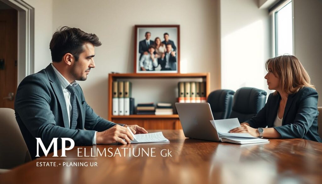 Siblings and close relatives in a well-lit, modern office environment, engaged in a discussion about estate administration. In the foreground, a male and female sibling, both dressed in professional business attire, are sitting at a polished wooden table with documents and a laptop open in front of them, looking thoughtfully at each other. In the middle background, a family photo hangs on the wall above a bookshelf filled with legal texts and estate planning materials, subtly representing their connection. Soft natural light streams in through a window, creating a warm and inviting atmosphere. The focus is sharp on the siblings, with a slight depth of field blurring the background. Include the branding "MP Estate Planning UK" displayed discreetly on the table in the corner.