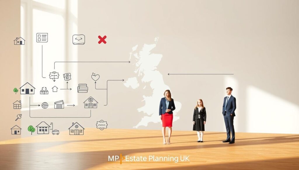 Visualize a detailed flowchart representing the asset distribution under UK intestacy rules, with a focus on different asset types governed by intestacy. In the foreground, illustrate various assets like properties, bank accounts, personal possessions, and investments, each represented by distinct icons or symbols. In the middle ground, incorporate flowing arrows that clearly show the distribution process, leading from the assets to their beneficiaries, including children, spouses, and stepchildren, depicted in professional business attire. In the background, feature a subtle outline of the UK map, symbolizing the legal context. Use soft, natural lighting to create an informative yet approachable atmosphere, with a balanced composition that draws the viewer's attention across the entire image. The brand “MP Estate Planning UK” should be subtly integrated into the design without any text overlay.