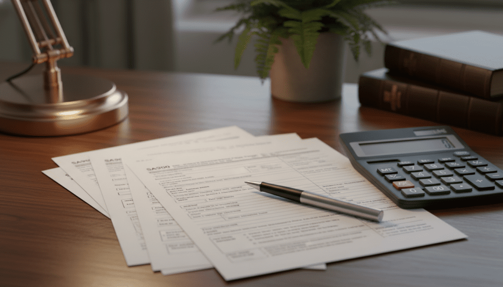 A beautifully arranged flat lay of an SA900 supplementary form and related tax paperwork on a polished wooden desk. The forms should be neatly stacked with a pen and a calculator beside them, creating a professional atmosphere. In the background, subtly blurred, there is a plant for a touch of greenery and a softly lit desk lamp casting warm light onto the papers. The focus is on the clarity of the forms, showcasing intricate details like official headings and fields, while ensuring there's no text or branding visible. The overall mood is organized and studious, reflecting the seriousness of trust and estate tax returns in a UK context.
