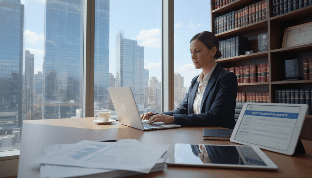 A business professional, dressed in smart office attire, sits at a sleek wooden desk in a well-lit office space, focused on a laptop screen. The foreground features close-up details of financial documents and a digital tablet displaying trust registration information. In the middle ground, a large window reveals a modern city skyline, allowing natural light to flood the room, creating an ambiance of productivity and clarity. The background includes a bookshelf filled with legal books and certificates, reinforcing the theme of trust and professionalism. The overall atmosphere is one of seriousness and diligence, reflecting the important task of setting up access for the Trust Registration Service. The scene conveys a sense of organization and readiness, highlighting the importance of proper registration procedures.