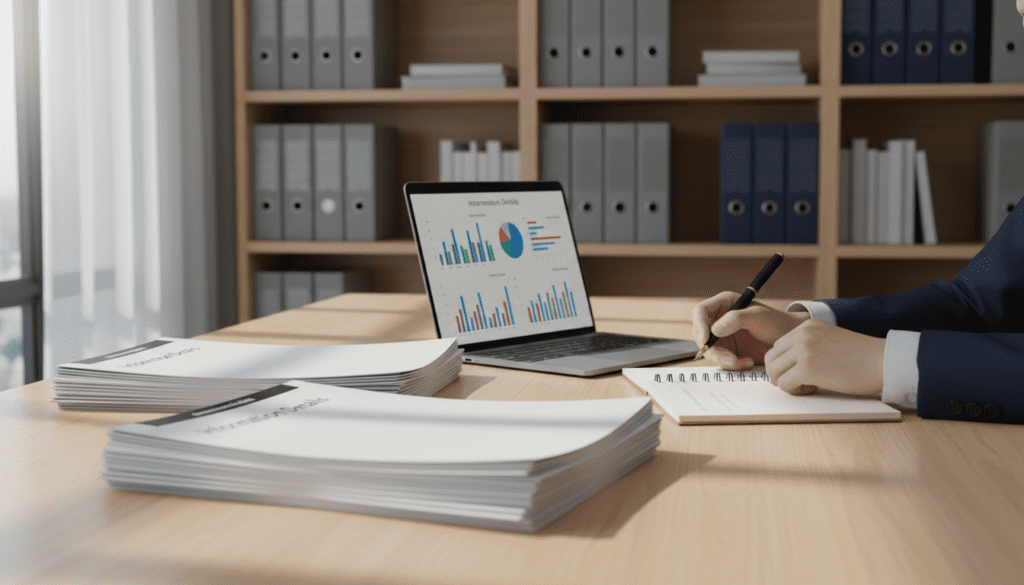 A clean, modern desk in the foreground with a neatly arranged stack of documents labeled "Information Details" alongside a laptop displaying graphs and charts. A focused middle ground shows a pair of hands, clad in professional business attire, actively writing notes on a notepad. The background features soft, blurred shelves with neatly organized binders and books, creating a professional office atmosphere. Soft, natural lighting illuminates the scene from a window, casting gentle shadows that add depth. The overall mood should be one of diligence and preparedness, suitable for a financial or administrative context, emphasizing the importance of gathering information. No text or identifiers are present in the image.