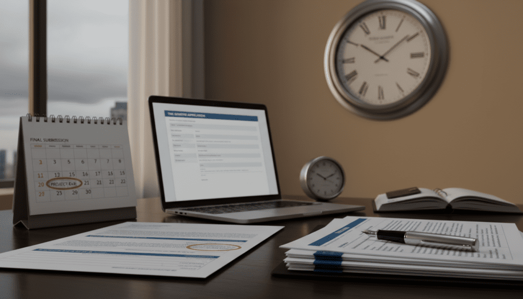 A close-up composition featuring a well-organized desk in a professional office setting, conveying urgency and importance. In the foreground, a neatly arranged stack of paperwork and a calendar marked with important deadlines. The middle ground includes a laptop displaying a digital form, alongside a stylish pen and a clock emphasizing time management. In the background, soft lighting casts a warm glow, illuminating a wall clock and a window showing a subtle hint of a cloudy day, symbolizing the passage of time. The mood is focused and serious, highlighting the necessity of timely action. The scene is devoid of any text or distractions, ensuring clarity in its message.