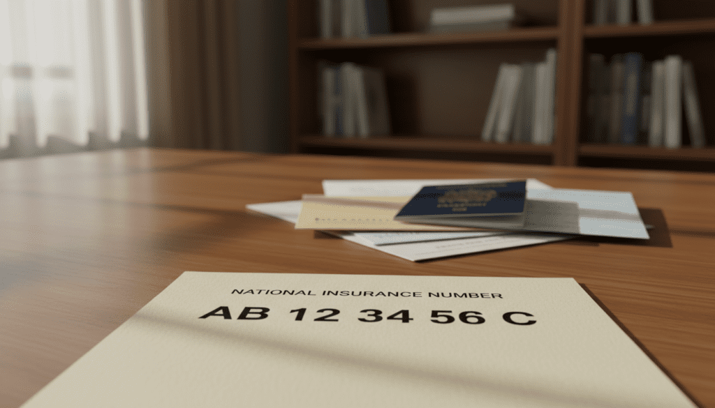 A close-up image of a national insurance number document, featuring the number prominently displayed in a clear font. The foreground captures the document lying on a wooden table with soft, diffused natural light casting subtle shadows, enhancing the texture of the paper. In the middle ground, a set of family-related documents is slightly blurred to emphasize the insurance number while suggesting its context. The background includes a softly blurred bookshelf filled with financial books and resources, creating a mood of careful planning and organization. The lighting is warm and inviting, evoking a sense of trust and reliability, suitable for financial discussions. No text or logos are present in the image.