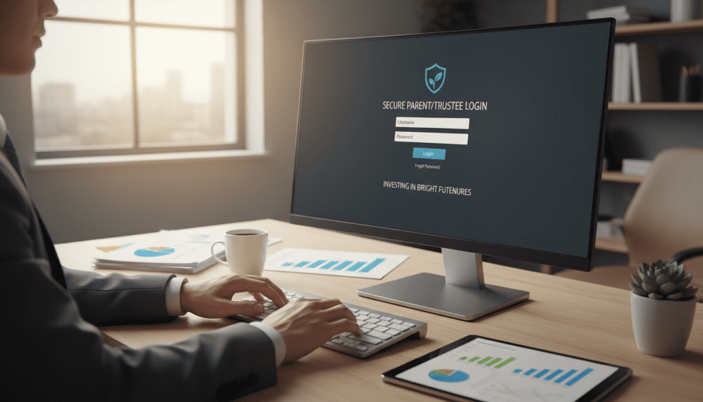 A close-up scene of a modern office workspace, featuring a computer monitor displaying a secure login page for a child trust fund provider's online account. In the foreground, a pair of hands, clad in professional business attire, are typing on a sleek keyboard. The middle layer contains a well-organized desk with financial documents, colorful charts, and a cup of coffee, conveying a sense of responsibility and care. The background shows a blurred view of a large window with soft, natural light streaming in, creating a warm and inviting atmosphere. The overall mood is one of professionalism and attentiveness, suitable for parents or trustees managing child trust funds. The composition is balanced, focusing on the act of accessing and updating account details without any text or distractions.