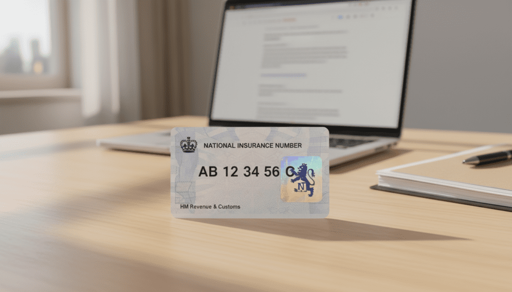 A close-up view of a National Insurance number card resting on a clean, wooden desk. The card features a bold, official design with distinct patterns and holographic elements, symbolizing security and identity. In the background, a softly blurred laptop and a stack of paperwork suggest a professional environment. Ambient natural lighting casts gentle shadows, creating a warm, inviting atmosphere. The focus is sharp on the card, emphasizing its importance in financial and governmental contexts. The scene evokes a sense of organization and preparedness, perfect for illustrating the necessary documents for an HMRC search regarding Child Trust Funds. A close-up view of a National Insurance number card resting on a clean, wooden desk. The card features a bold, official design with distinct patterns and holographic elements, symbolizing security and identity. In the background, a softly blurred laptop and a stack of paperwork suggest a professional environment. Ambient natural lighting casts gentle shadows, creating a warm, inviting atmosphere. The focus is sharp on the card, emphasizing its importance in financial and governmental contexts. The scene evokes a sense of organization and preparedness, perfect for illustrating the necessary documents for an HMRC search regarding Child Trust Funds.
