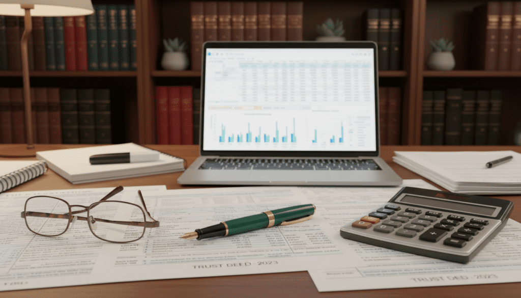 A close-up view of a neatly organized desk featuring a variety of tax-related documents and trust papers, with an elegant fountain pen resting on top of the documents. In the foreground, a pair of professional spectacles lie beside a calculator, suggesting careful financial review. The middle ground showcases a laptop displaying financial spreadsheets and charts, with a soft glow from the screen illuminating the space. In the background, a tasteful bookshelf filled with accounting and tax law books adds context. The lighting is warm and inviting, evoking a sense of professionalism and diligence. The atmosphere is serene yet focused, ideal for reflecting tax and reporting responsibilities linked to trust documents.