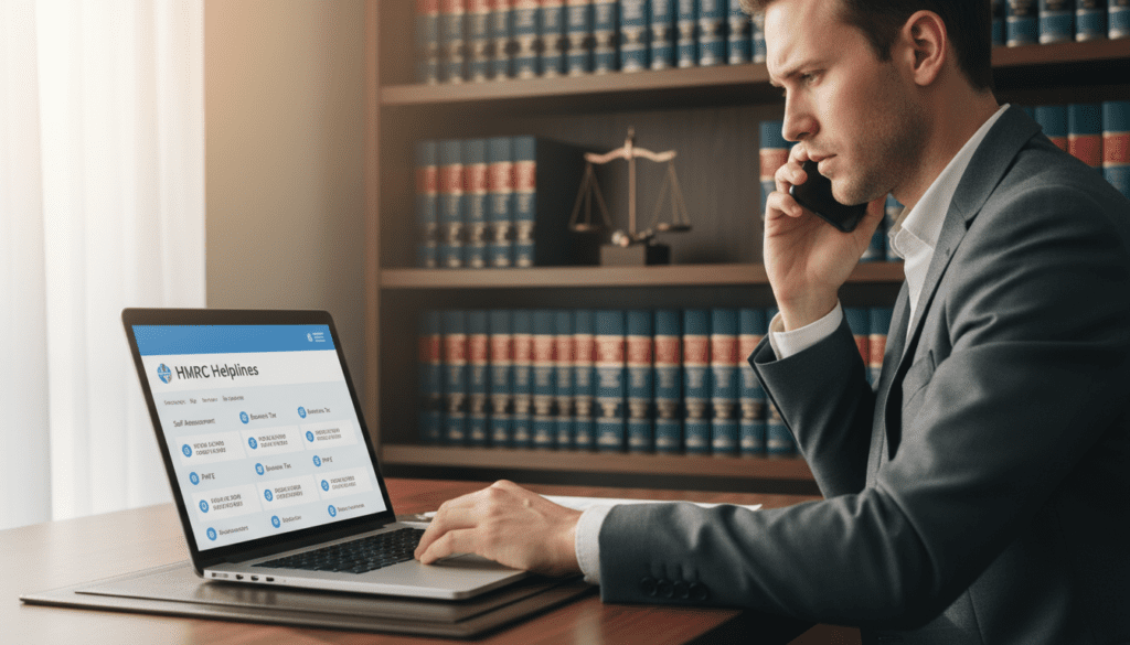 A close-up view of a professional business setting, featuring a well-organized desk with a sleek laptop open to a helpline webpage. Soft natural lighting streams in through a nearby window, illuminating the workspace with a warm glow. In the background, a contemporary bookshelf filled with legal and tax-related books suggests an environment of trust and professionalism. A person in a smart suit is sitting at the desk, poised thoughtfully while making a call using a smartphone, conveying a sense of urgency and focus. The overall mood is one of clarity and reliability, emphasizing the importance of accessing the right HMRC helplines for tax-related inquiries. The angle captures the essence of professionalism and modernity without any distractions or text. A close-up view of a professional business setting, featuring a well-organized desk with a sleek laptop open to a helpline webpage. Soft natural lighting streams in through a nearby window, illuminating the workspace with a warm glow. In the background, a contemporary bookshelf filled with legal and tax-related books suggests an environment of trust and professionalism. A person in a smart suit is sitting at the desk, poised thoughtfully while making a call using a smartphone, conveying a sense of urgency and focus. The overall mood is one of clarity and reliability, emphasizing the importance of accessing the right HMRC helplines for tax-related inquiries. The angle captures the essence of professionalism and modernity without any distractions or text.